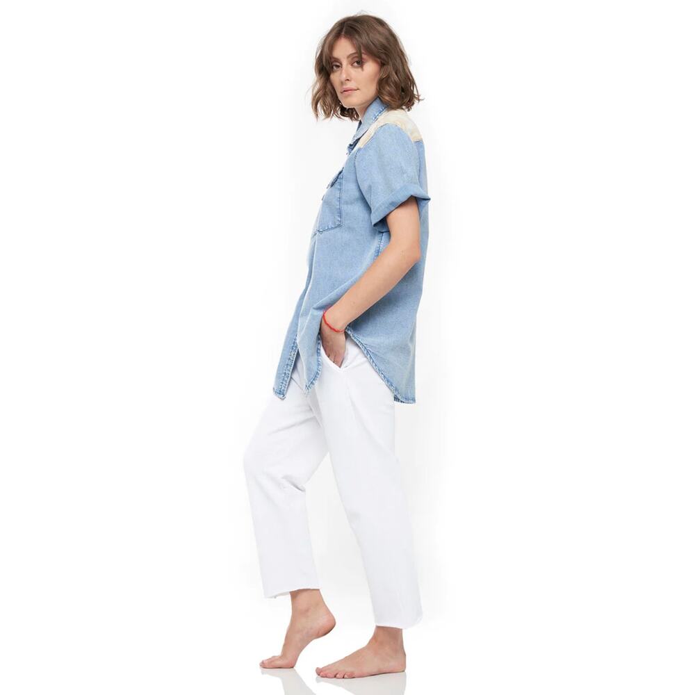 NEW Free People Sandrine Rose Short Sleeve Denim Western Shirt Womens XS - Picture 2 of 9